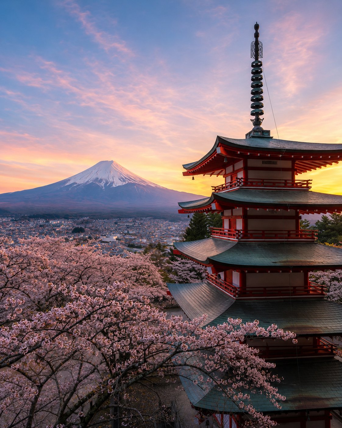 Cherry blossom pagoda with Mt Fuji — Japan